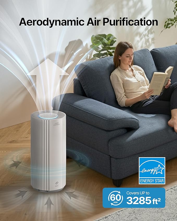 COWAY Air Purifiers for Large Room Whole Home Up to 3,285ft², True HEPA Filter for Smoke, Allergen, Pet Dander, Odor, PM(1, 2.5, 10), AQI, Turbo Eco Mode, Energy Star, 3yr Warranty, Airmega 450 Beige-CubbioJoy