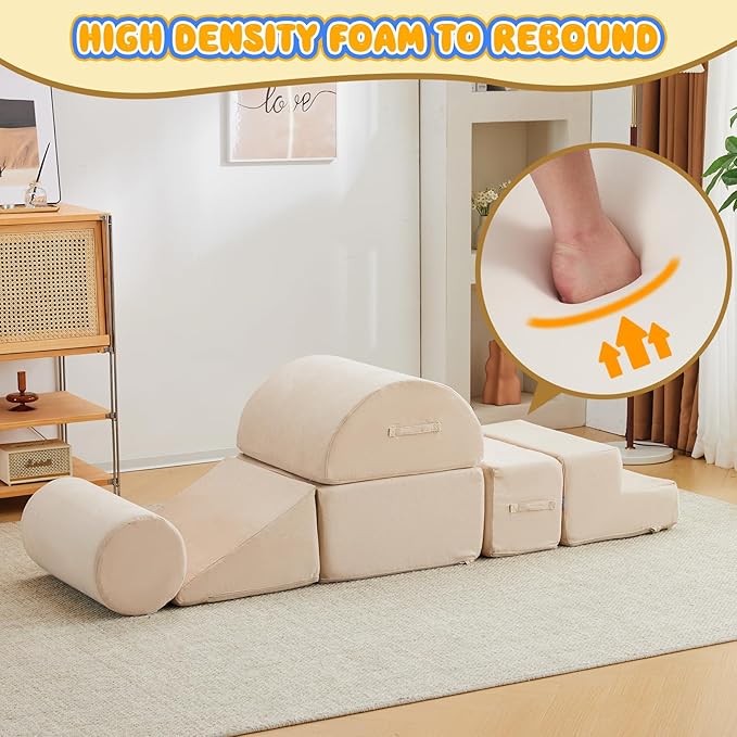 jela Foam Blocks 6Pcs Soft Play Equipment Luxury Miss Fabric, Toddler Climbing Toys Indoor Soft Play Climbing for Toddlers, Lightweight Climbing Blocks for Babies, Kids, Climb and Crawl Foam Playset-CubbioJoy