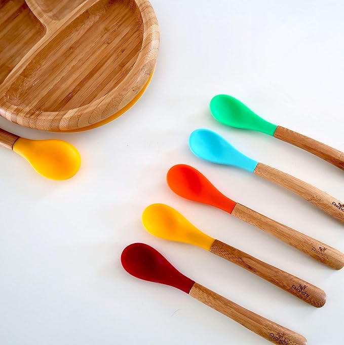 Avanchy Bamboo & Silicone Infant Training Spoons, BPA Free - Soft Tip, Easy on Gums, First Stage Feeding Utensils for Baby-Led Weaning, Self-Feeding, Gray-CubbioJoy