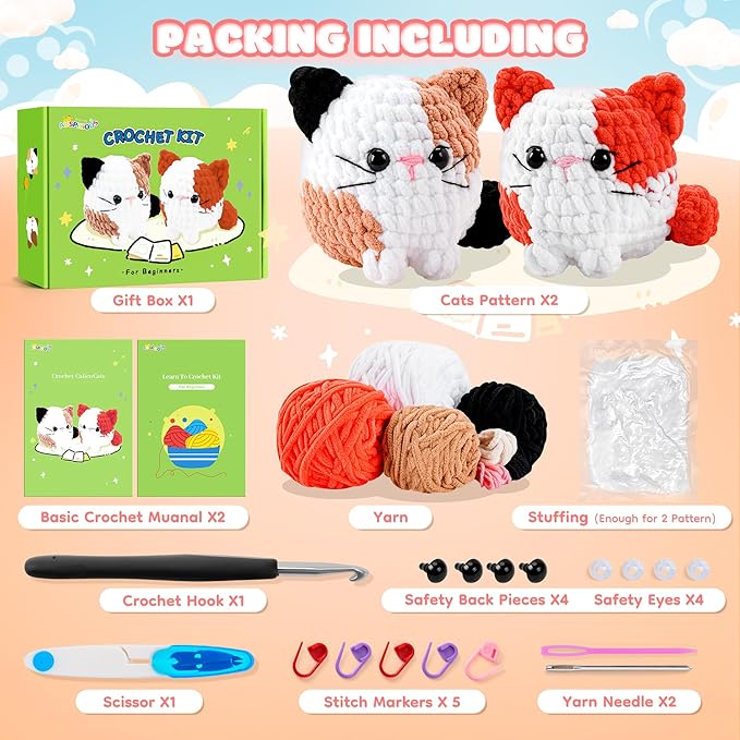 Cat Crochet Kit for Beginners-2PCS Calico Cats Crochet Kits for Adults Kids, Crochet Starter Kit with Step-by-Step Video Tutorials,Crochet Animal Kits Knitting Kit Learn to Crochet Kits-CubbioJoy