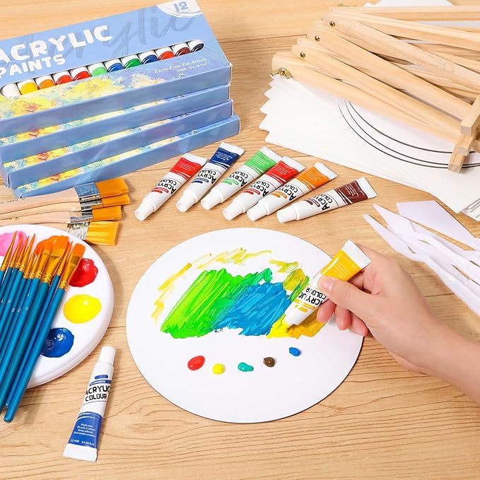 12 Pack 8x10” Canvas Boards and Round Canvas for Painting, Couple Painting Kit with Wood Easel, Acrylic Paint, Paint Brushes Set for Kids Teenagers Adults Date Night Sip and Paint Party-CubbioJoy