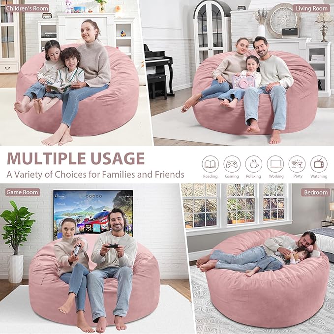 5FT Bean Bag Chair, Large Bean Bag Chairs with Memory Foam Filled, Fluffy Beanbag Sofa with Dutch Velvet Cover, Round BeanBag Chairs for Living Room, Playroom - Light Pink-CubbioJoy