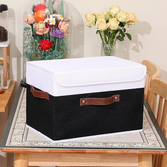 ANMINY Storage Boxes with Lids Washable Decorative Storage Bins Basket with PU Leather Handle Foldable Linen Fabric Storage Cubes Containers for Home Closet Organizer - Black White, Large Size-CubbioJoy