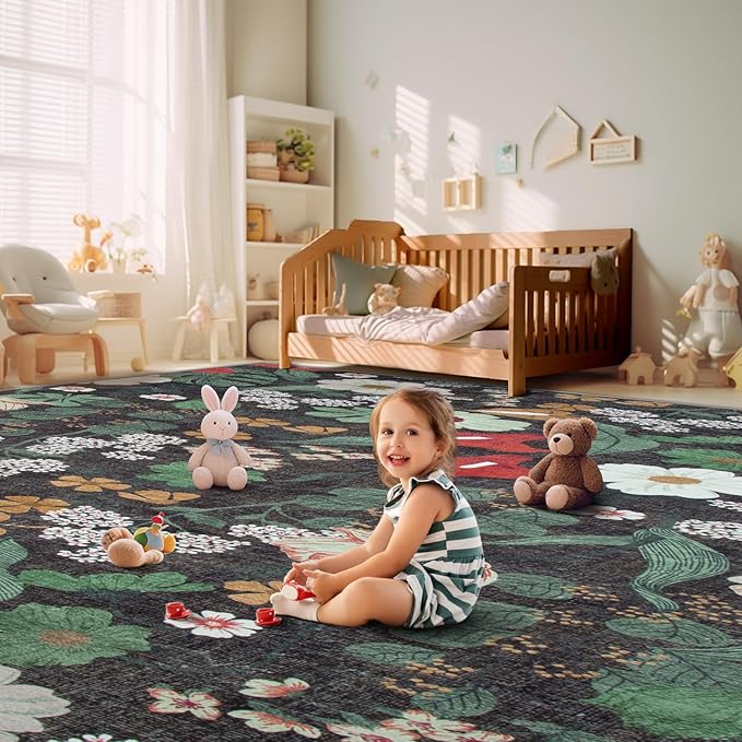 9x12 Area Rug for Living Room: Vintage Floral Washable Rug Soft Boho Non Slip Carpet Large Indoor Floor Non Shedding Low Pile Thin Carpets for Bedroom Dining Room Farmhouse Nursery Home Office Green-CubbioJoy