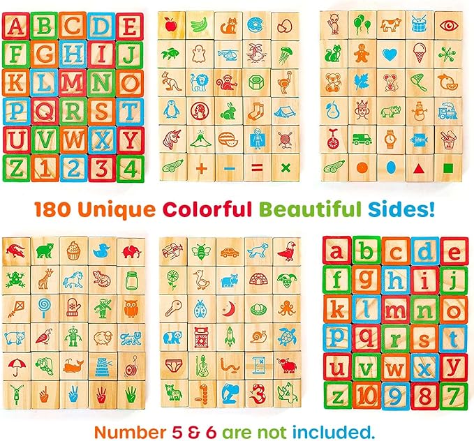 Building Blocks for Toddlers 1-3 Years Old, 30 Large Stackable Wooden Baby Blocks with Alphabet and Number Icons on Every Side, Toy Wagon Included﻿-CubbioJoy
