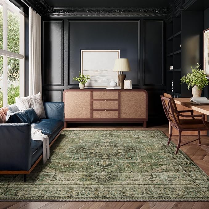 9x12 Area Rugs for Living Room: Washable Bedroom Rug Boho Vintage Rugs Stain Resistant Non Slip Low Pile Soft Lightweight Carpet for Kitchen Dining Room Farmhouse Nursery Kids Room-CubbioJoy