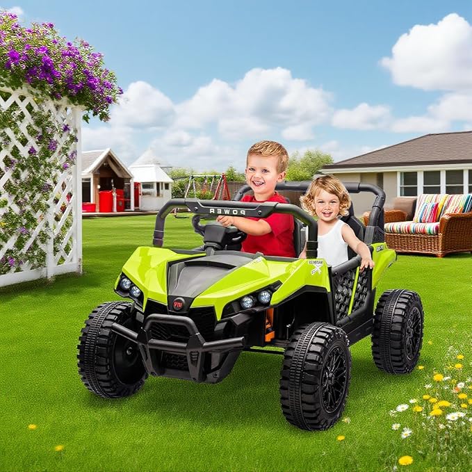 24V 2 Seater Ride On Car Truck, Power Wheels Kids UTV w/Parent Remote Control, 3.1 MPH Max Speed, Music Player, LED Lights & Storage, Electric Vehicle Ride On Toy for Kids Toddler Ages 3-8, Green-CubbioJoy