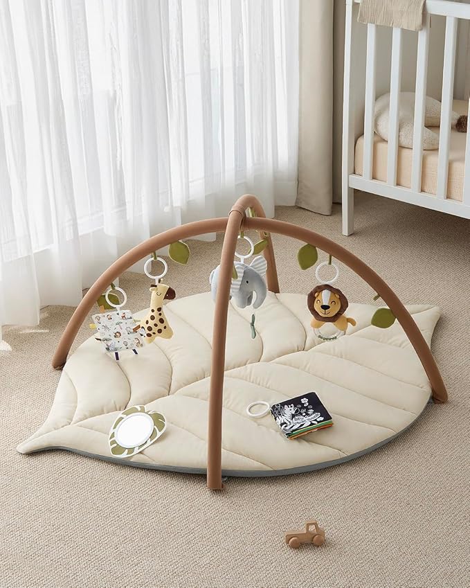 Blissful Diary Baby Play Gym & Activity Mat, Leaf Shaped Baby Tummy Time Play Mat with 6 Detachable Toys, Promotes Motor Skills & Sensory Development, Newborn Baby Essentials Gift, Oatmeal Beige-CubbioJoy