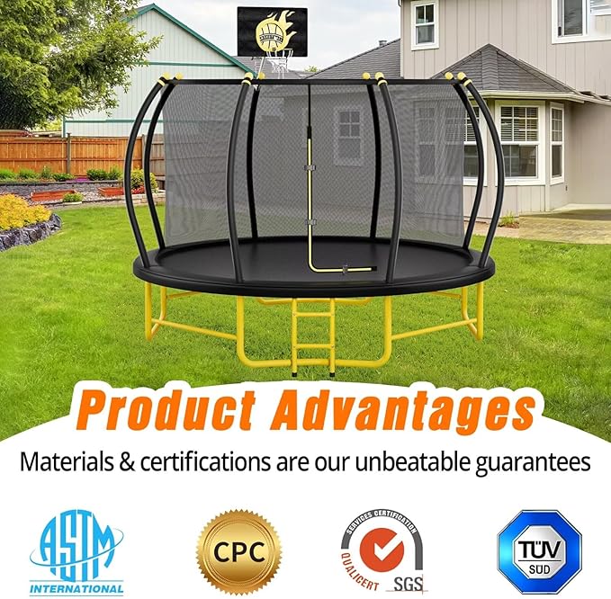 14FT Pumpkin Trampoline with Basketball Hoop, Balance Bar and Enclosure Net, Outdoor Trampoline for Kids and Adults, Capacity 880 lbs-CubbioJoy