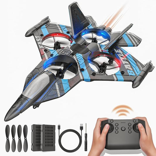 BEZGAR Drones for Kids | 2.4GHZ RC Plane, Remote Control Airplane, RC Helicopter, 360° Flip Fighter Jet Toy, Toys for ages 8-13 with Colorful LED Navigation Lights Blue-CubbioJoy