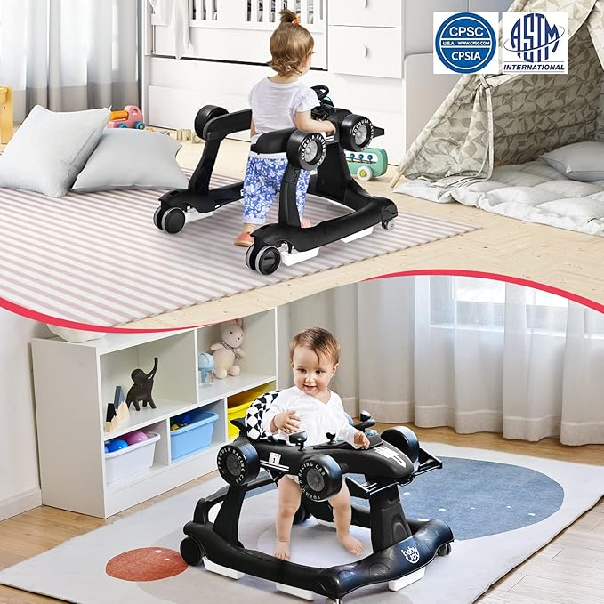 BABY JOY 4-in-1 Baby Walker, Foldable Activity Walker with Adjustable Height & Speed, Music, Lights, Anti-Rollover, Toddler Push Walker, Baby Walker with Wheels for Boys Girls 6-18 Months (Black)-CubbioJoy