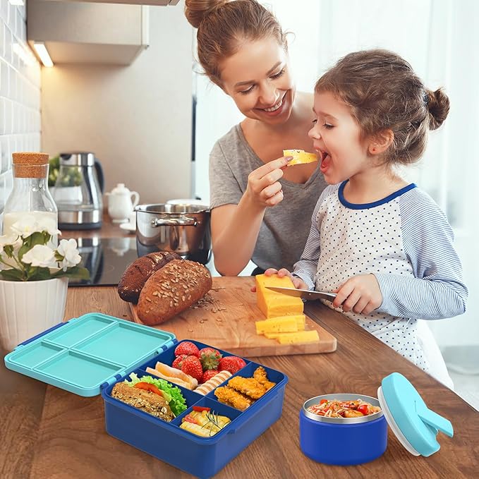 Bento Lunch Box with 8oz Soup Thermo, Kids Leakproof Lunch Food Containers with 4 Compartment, Kids Thermo Insulated Hot Food Jar for School, Trvael（Blue-CubbioJoy