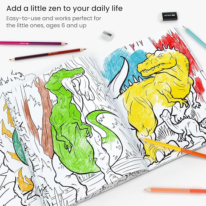 ARTEZA Kids Coloring Book and Colored Pencils Set, Dinosaur Illustrations, 50 Double-Sided Sheets, 100-lb Paper-CubbioJoy