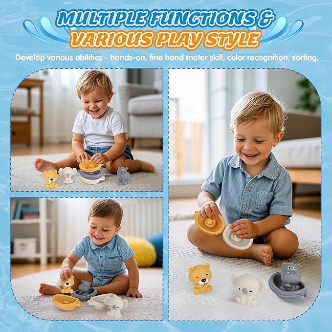 Bath Pool Toys for Toddler, Stacking Toys with 3 Boat 3 Sensory Finger Puppets, Toddler Toys Gifts for 2-4 Year Old Boy Girl, Model B-CubbioJoy