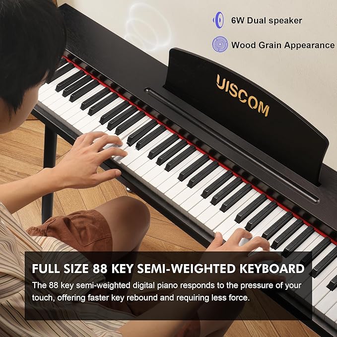 88 Key Digital Piano Keyboard for Beginners,Full Size Electric Piano Semi-Weighted Keyboard with Sheet Music Stand,Pedal,Headphone,Power Adapter,USB-MIDI Compatibility,Wood Grain Black-CubbioJoy