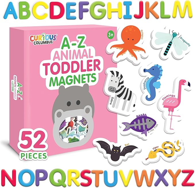 Curious Columbus Toddler Magnets – Animal Fridge Magnets for Kids | 52 Refrigerator Magnets with 26 Animals + 26 ABC Magnetic Letters | Foam Alphabet Learning Set for Toddlers-CubbioJoy