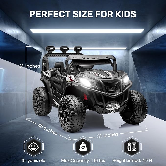 ANPABO 24V 4X4 Ride on Car Truck w/Remote Control, 4WD/2WD Switchable Kids UTV, 19" Spacious Seat, 4 Shock Absorbers, Soft Start, Music Player, Electric Car for Kids Ages 3+(Black-CubbioJoy