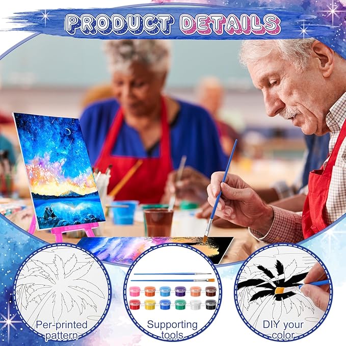 Blosssound 10 Set Pre Printed Canvas Pre Drawn Canvas Painting with Easel Kits 5" x 7" Outline Painting Panels for Beginners, DIY Craft Project, Party Favor, Home Decors(Dream Sky)-CubbioJoy