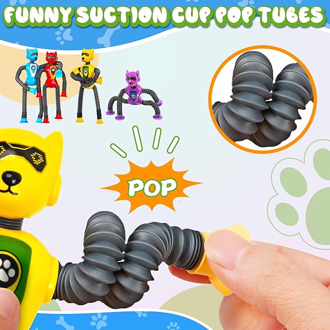 Cool Robot Dog Pop Tubes Sensory Fidgets Toddler Toy 4PC Travel Toys Airplane Car Activities Autistic Road Trip Toys Suction Tube for Kid Boy Year Old Ages 3 4 5 6 7 8 ADHD Autism Fidget Classroom-CubbioJoy