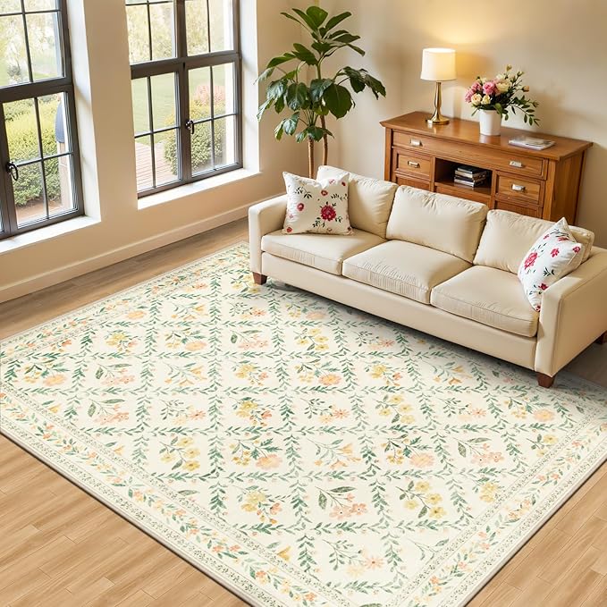 Area Rug Living Room Rugs: Floral 5x7 Washable Rug Vintage Soft Boho Non-Slip Carpet Indoor Stain Resistant Large Carpets for Bedroom Dining Room Farmhouse Nursery Hallway Home Office Beige/Multi-CubbioJoy