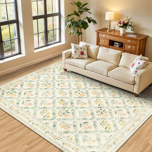 Area Rug Living Room Rugs: Floral 4x6 Washable Rug Vintage Soft Boho Non-Slip Carpet Stain Resistant Large Carpets for Bedroom Dining Room Farmhouse Nursery Hallway Home Office Beige/Multi-CubbioJoy