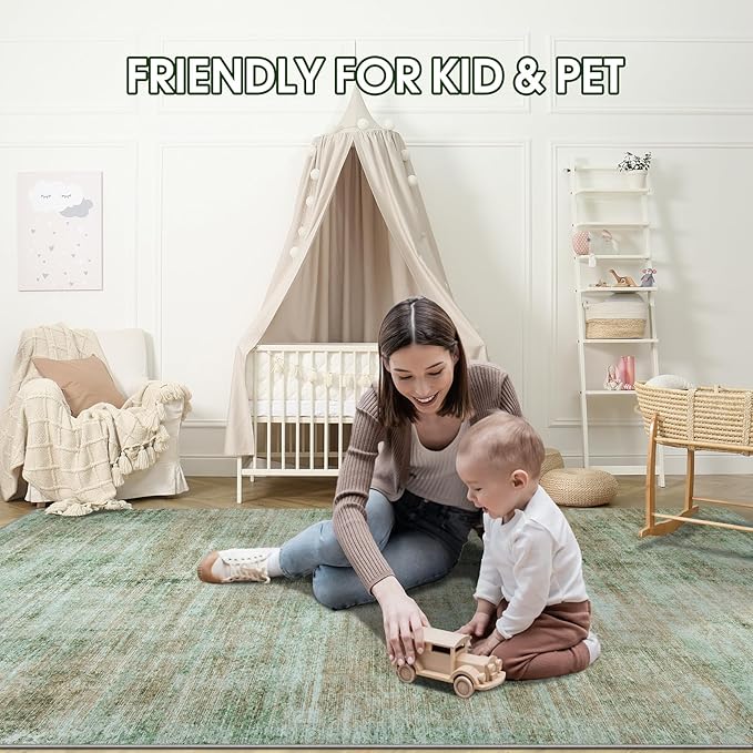 Area Rug 5x7 Living Room Rugs: Abstract Large Washable Rugs with Non-Slip Backing, Thin Carpet for Dining Room Table Bedroom Nursery Indoor Home Office-Green-CubbioJoy