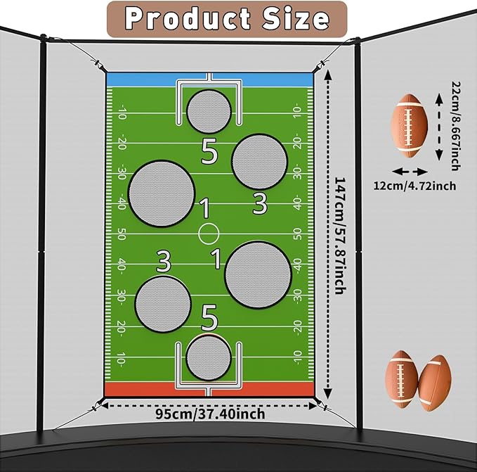 jumpfly Trampoline Football Game Accessories, Toss Throwing Target Net Fits 8 FT/10 FT/12 FT/14 FT Recreational Trampolines with Two Footballs - Trampoline Indoor Outdoor Party Games for Kids-CubbioJoy