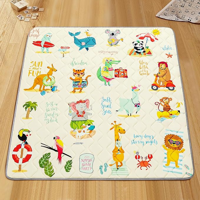 Baby Play Mat - Thicken 50x50 Inch Soft Foam Crawling Mat for Playpen & Floor, Non-Slip Waterproof Playmats for Infants & Toddlers, Portable Foldable & Machine Washable, Beach Animals-CubbioJoy