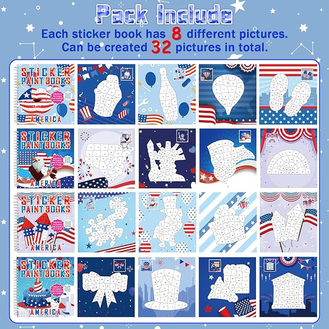4Pcs Patriotic Paint by Sticker Books Sticker by Number Books Activity Book Puzzle Book Craft Art Gift Memorial Day 4th of July American Star 32 Pictures-CubbioJoy