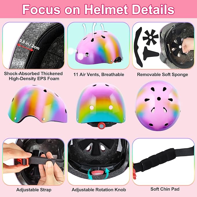 Kids Bike Helmet with DIY Stickers and Knee Pads Elbow Pads Wrist Guard Set for Ages 3-8-14 Toddler Boys Girls Helmet for Roller Skates Cycling Skateboarding Bicycle Scooter-CubbioJoy