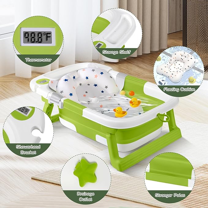 Collapsible Baby Bathtub,Baby Bath Tub with Thermometer & Soft Cushion,Baby Bathtub for Newborn to Toddler 0-36 Months,Portable Travel Baby Tub with No-Slip Feet,Baby Shower Gifts,Green-CubbioJoy