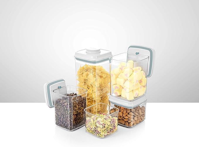 BopTop (5pc Set) Airtight Food Storage Container – Mechanical Silicone Seal Canister - BPA-Free Stackable - 2.5Qt/1.5Qt/.9Qt/.85Qt/.5Qt-CubbioJoy