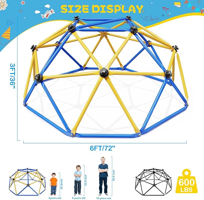 Climbing Dome, 6FT Geometric Dome Climber for Kids, Kids Indoor Outdoor Jungle Gym Supports 600lbs, Easy Assembly Playground Jungle Gym Backyard Play Equipment, Yellow+Blue-CubbioJoy