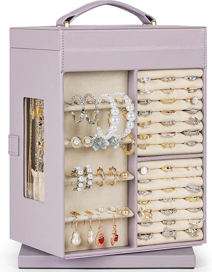AKOZLIN 360° Rotating Jewelry Box 6-Tier Organizer Functional Jewelry Storage Case for Women Girls Ring Necklace Earring Bracelet Holder with Mirror Purple-CubbioJoy