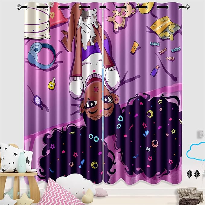 Cartoon Printed Curtains for Bedroom, 82 x 84 inches, Blackout, Grommet Top, 2 Piece Set, Girls Room Curtains, Thermal Insulated-CubbioJoy