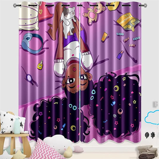 Cartoon Printed Curtains for Bedroom, 82 x 84 inches, Blackout, Grommet Top, 2 Piece Set, Girls Room Curtains, Thermal Insulated-CubbioJoy