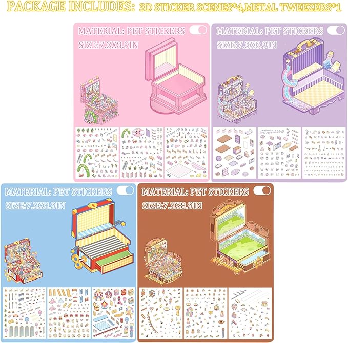 4 Sets DIY 3D Stickers Scene for Adults Teen Girls, Large 3D House Sticker Therapy Cute Cartoon Animal Scenes Sticker, Make Your Own Mini Room Scenes，Relief Stress Pass The Time Birthday Gift-CubbioJoy