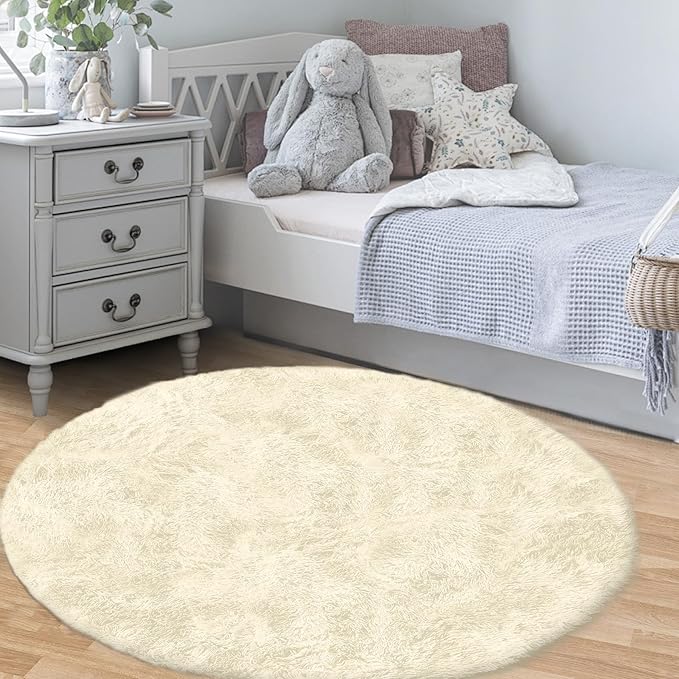 4FT Round Rug for Bedroom: Fluffy Shag Soft Washable Rugs Circle Small Fuzzy Plush Indoor Carpet for Living Room Nursery Playroom Dorm Kids Girls Boys Room (Cream White, 4'x4')-CubbioJoy