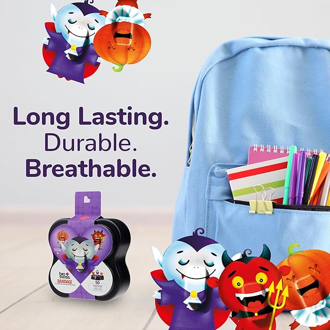 BioSwiss Bandages, Halloween Ghouls Shaped Self Adhesive Bandage, Latex Free Sterile Wound Care, Fun First Aid Kit Supplies for Kids and Adults, 50 Count-CubbioJoy