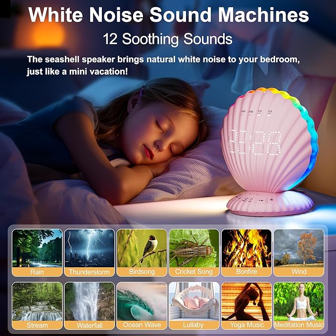 Alarm Clocks for Bedrooms,Portable Bluetooth Speaker,White Noise Sound Machines,Song 20/40/60 Timer,RGB Night Light,Bedroom Decor Aesthetic,Ideal Gift for Adult Women Teen Girls Boys(Pink)-CubbioJoy
