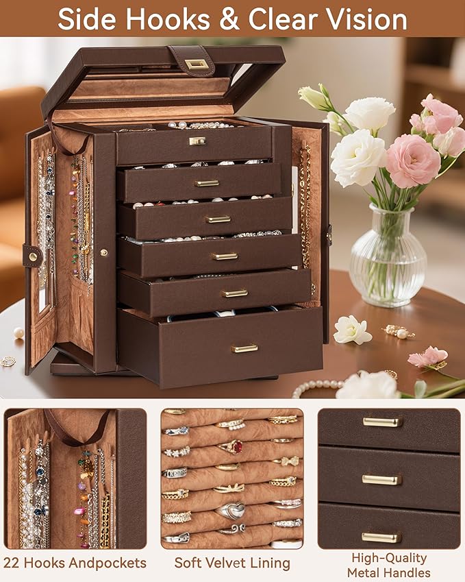 AKOZLIN 360° Rotating Jewelry Box 6-Tier Organizer Functional Jewelry Storage Case for Women Girls Ring Necklace Earring Bracelet Holder with Mirror Brown-CubbioJoy