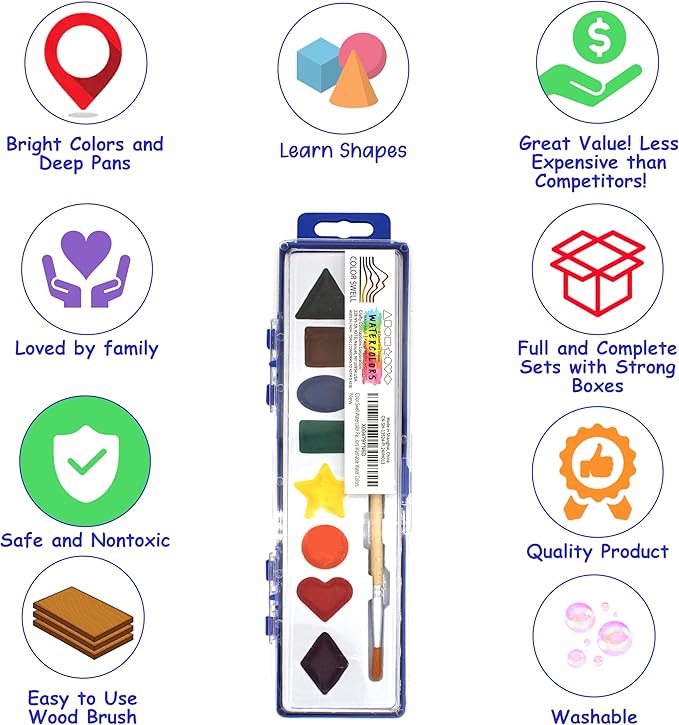 Color Swell Bulk Watercolor Paint Set – 36-Pack with 8 Washable Colors & Shape Learning Tools – Includes Strong Wood Brushes for Kids-CubbioJoy