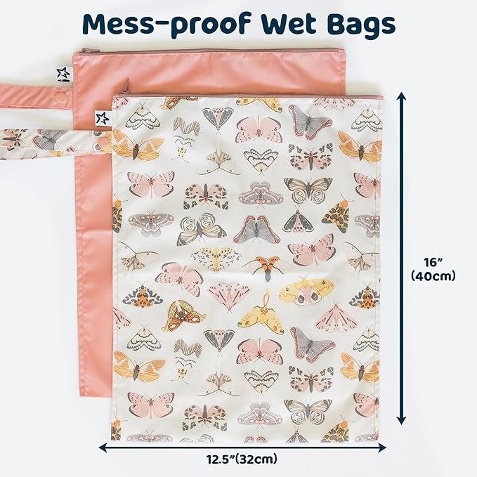 Tiny Twinkle Mess- Proof Waterproof Wet Dry Bag | 2-Packk Reusable Wet Bags for Swimsuits & Baby Clothes | Leakproof Wet Bag for Travel & Diaper Changes for Baby (Flutter)-CubbioJoy