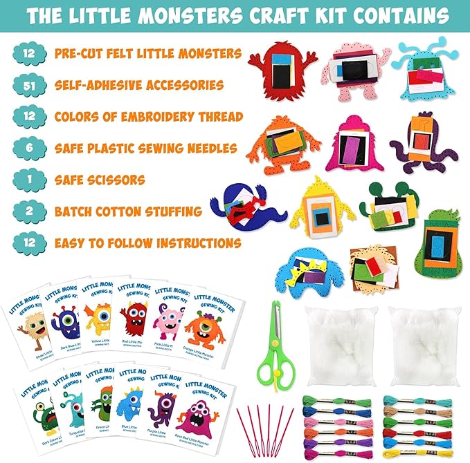 CiyvoLyeen Little Monsters Craft Kit Adopt A Monster Felt Plush DIY Sewing Art Educational Toys Monster Craft Gift Learn How to Sew for Beginners Set of 12 Sewing Kits-CubbioJoy