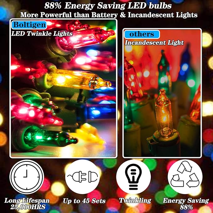 60 LED Multicolor Twinkling Christmas String Lights Plug in, 17 of 60 Lights Twinkle,Connect up to 45 Sets,UL Certified 22 Ft Mini Twinkle Christmas Tree Lights,Indoor Outdoor Use-CubbioJoy