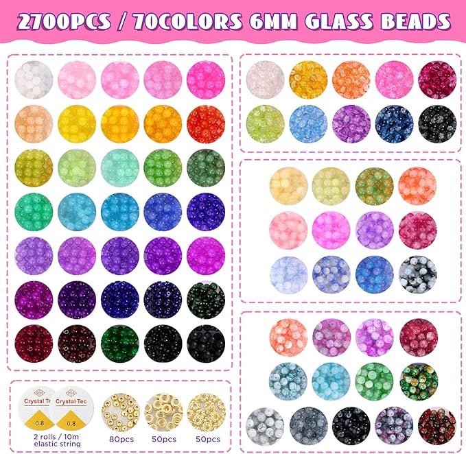 6mm Glass Beads for Bracelets, 2700pcs 70 Colors Crackle Glass Beads for Jewelry Making, Funtopia Round Crystal Beads for DIY Necklace Crafts with Spacer Beads, Solid and Floral Colors-CubbioJoy