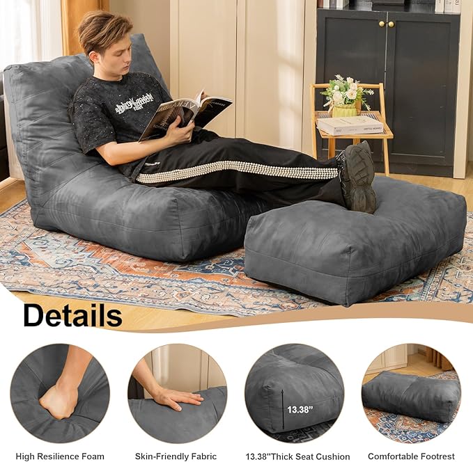 Bean Bag Chair with Ottoman, Comfy Bean Bag Sofa with Memory Foam, Lazy BeanBag Sofa with Footstool, Fireside Bean Bag Couch for Living Room, Bedroom, Apartment-CubbioJoy