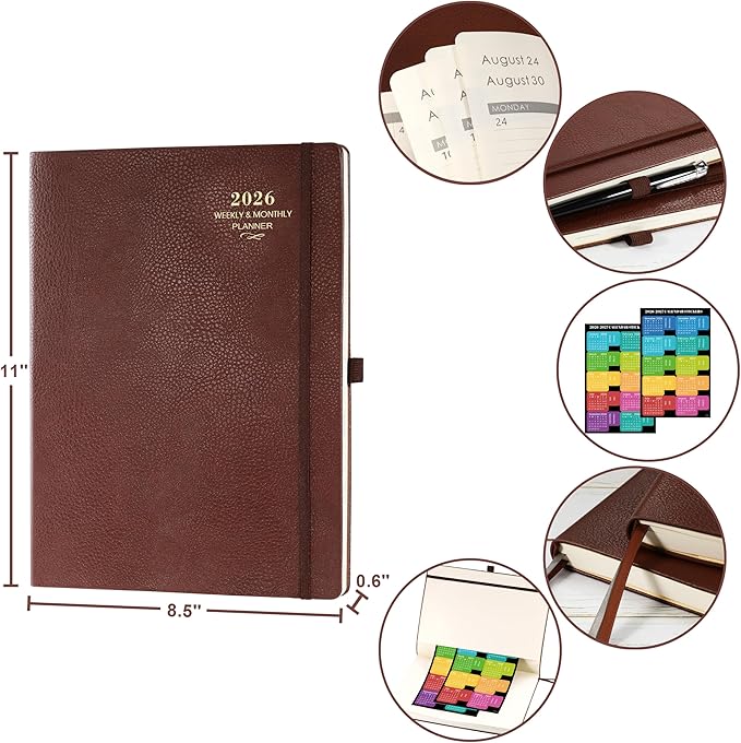 2026 Planner - JAN 2026 - DEC 2026, Planner 2026, Weekly and Monthly Planner, Leather Cover Calendar Planner with Thick Paper, Back Pocket with Notes Pages, Brown (8.5" x 11")-CubbioJoy