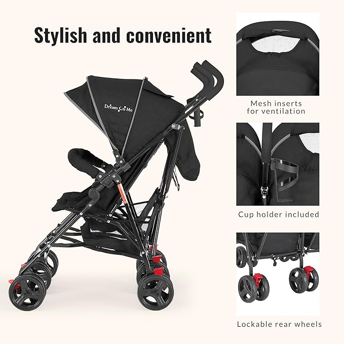 Dream On Me Volgo Twin Umbrella Stroller in Black, Lightweight Double Stroller for Infant & Toddler, Compact Easy Fold, Large Storage Basket, Large and Adjustable Canopy-CubbioJoy