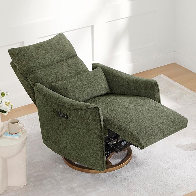 CHITA Swivel Rocker Recliner Chair, Power Nursery Glider Recliner, Nursery Rocking Chair with Adjustable Power Headrest, FSC Certified, Solid Wood Base, Moss Green-CubbioJoy